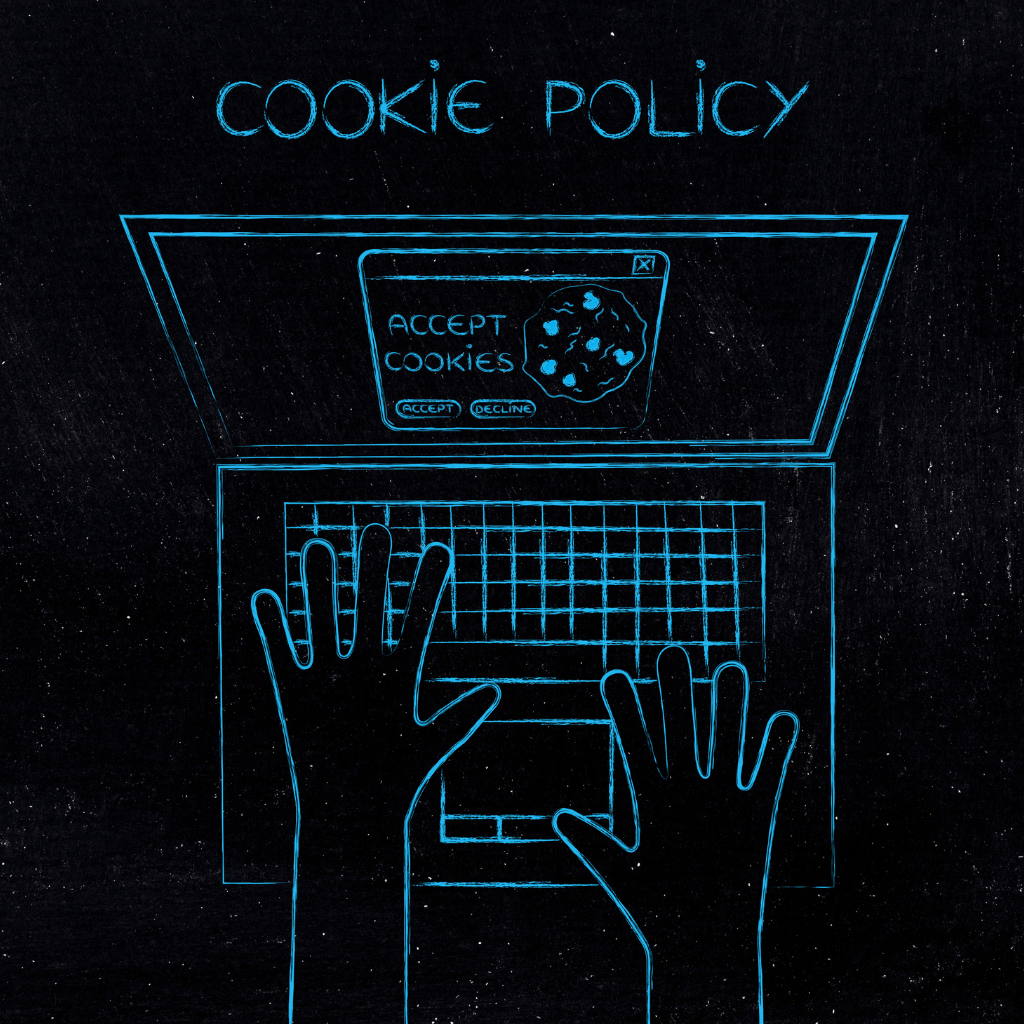 Sketch outline of a laptop, with hands typing on the keyboard. On the screen it says "delete cookies" and above the laptop sketch are the words COOKIE POLICY