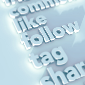 Graphic showing common social media actions such as "comment", "like", "follow"